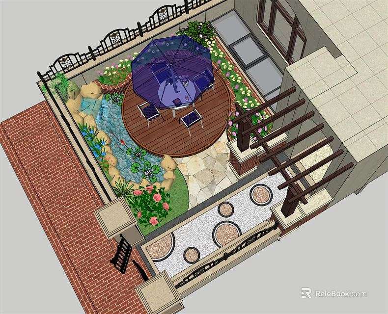 Relaxing Water Fountain In Garden Courtyard With Umbrella Seating And Green Plants 3d model 