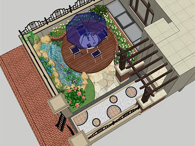 Relaxing Water Fountain In Garden Courtyard With Umbrella Seating And Green Plants 3d model