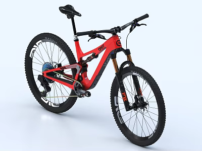 Red Mountain Bike With Suspension Frame Knobby Tires And Disc Brakes 3d model
