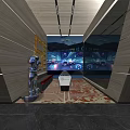 Hi Tech Exhibition Space With Racing Screen Robot Model And Wooden Wall Lighting