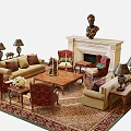 Classic Sofa and Coffee Table Set with Fireplace Table Lamps and Decorative Rug 3d model