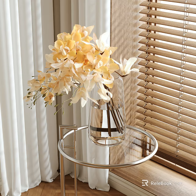 Yellow Flowers in Transparent Vase on Round Glass Table with White Curtains and Blinds 3d model 