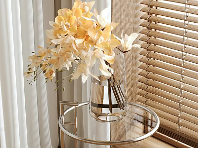 Yellow Flowers in Transparent Vase on Round Glass Table with White Curtains and Blinds 3d model