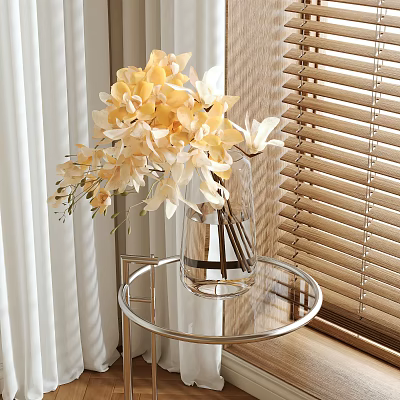 Yellow Flowers in Transparent Vase on Round Glass Table with White Curtains and Blinds 3d model