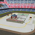 Cartoon Stadium Scene With Colorful Seats Central Platform Pavilion And Green Fence