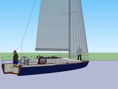 Sailboat With White Sails And Blue Hull Two People On Deck Calm Water Clear Sky 3d model