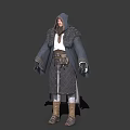Game Movie Character In Hooded White Robe With Green Sash And Feather Accents