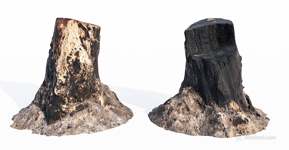 Pair of Rustic Wooden Stumps With Natural Stone Base And Textured Surface 3d model 