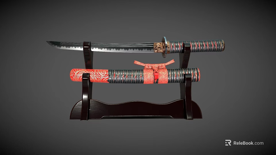 Traditional Samurai Sword With Decorative Red Sheath And Metal Blade On Wooden Display Stand 3d model 