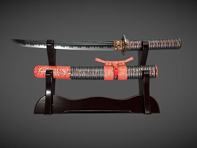 Traditional Samurai Sword With Decorative Red Sheath And Metal Blade On Wooden Display Stand 3d model