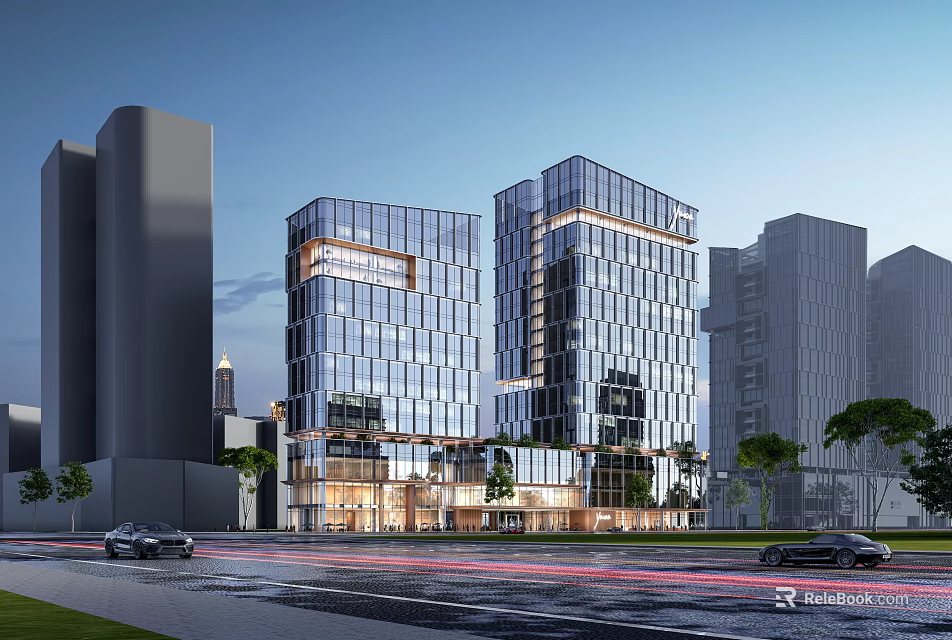 Modern Glass Curtain Wall Office Building With City Street And Trees 3d model 