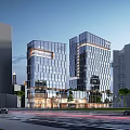 Modern Glass Curtain Wall Office Building With City Street And Trees