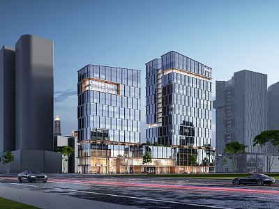 Modern Glass Curtain Wall Office Building With City Street And Trees 3d model