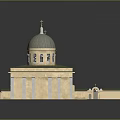 Cartoon Style Building Scene Featuring Green Dome Bell Tower And Yellow Main Structure With Windows