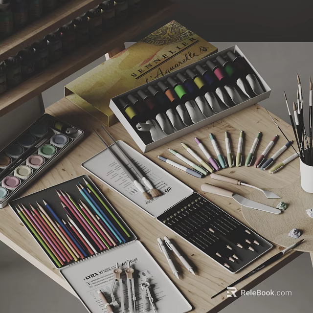 Artistic Musical Instruments and Painting Supplies with Colored Pencils Tubes Paints Brushes and Sketchbook 3d model 
