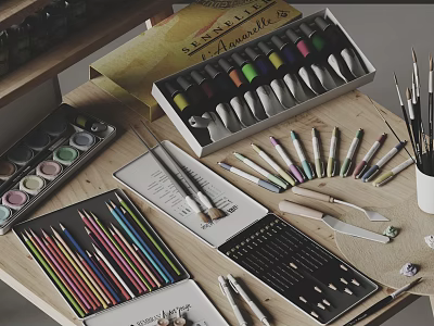 Artistic Musical Instruments and Painting Supplies with Colored Pencils Tubes Paints Brushes and Sketchbook 3d model