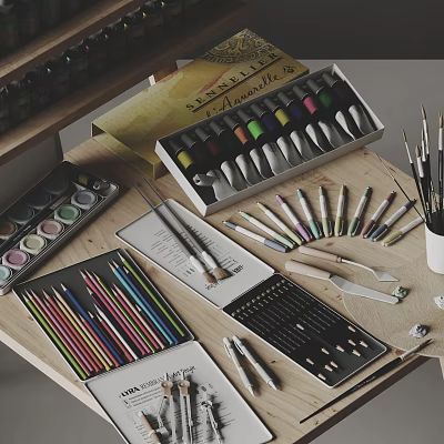 Artistic Musical Instruments and Painting Supplies with Colored Pencils Tubes Paints Brushes and Sketchbook 3d model