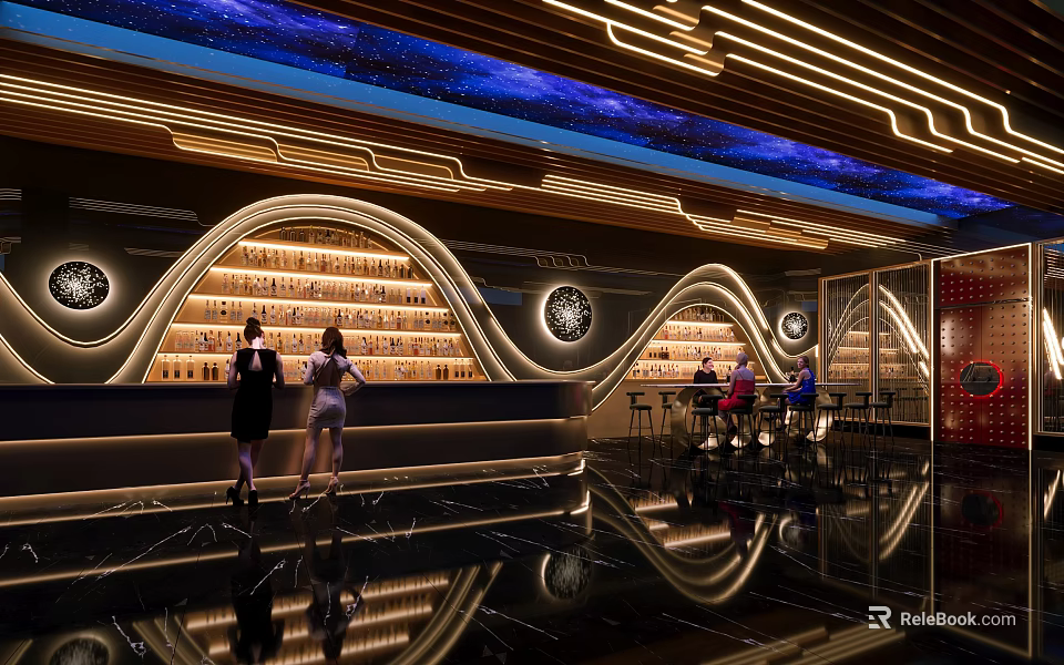 Modern Bar Interior With Starry Ceiling Curved Shelves And Lighting 3d model