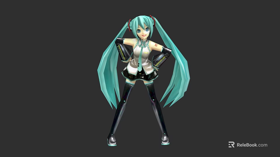 Anime Game Movie Character With Teal Long Twin Ponytails Headphones And Black White Outfit 3d model 