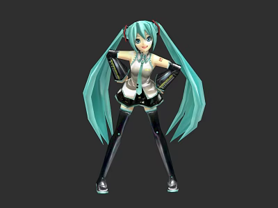 Anime Game Movie Character With Teal Long Twin Ponytails Headphones And Black White Outfit 3d model
