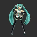 Anime Game Movie Character With Teal Long Twin Ponytails Headphones And Black White Outfit