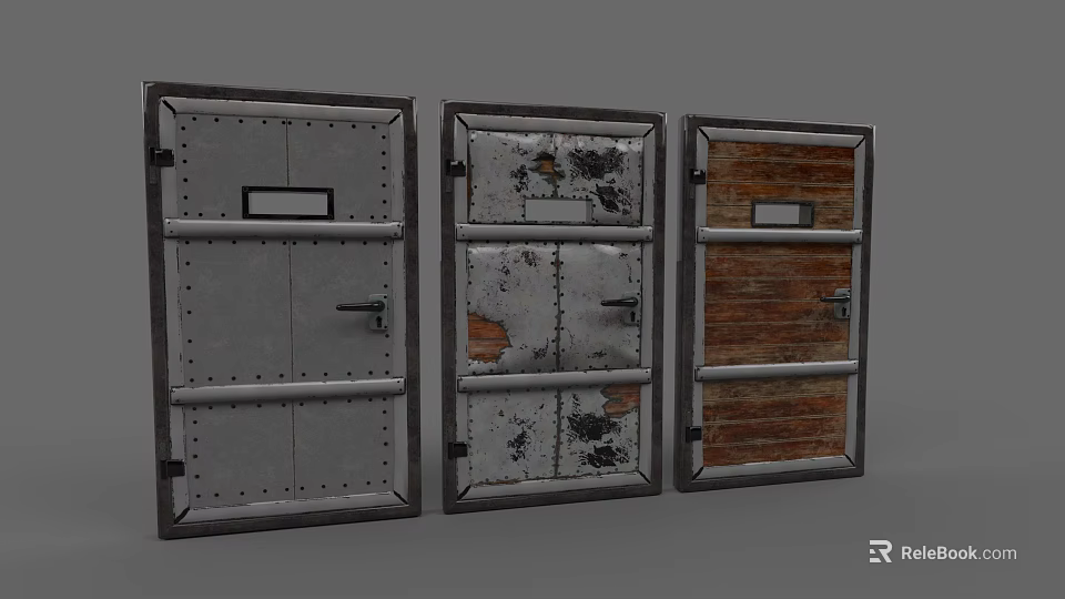 Three Vintage Industrial Style Doors With Metal Panels Rusted Details And Wooden Sections 3d model 