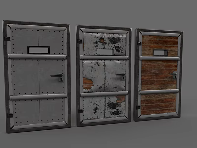 Three Vintage Industrial Style Doors With Metal Panels Rusted Details And Wooden Sections 3d model