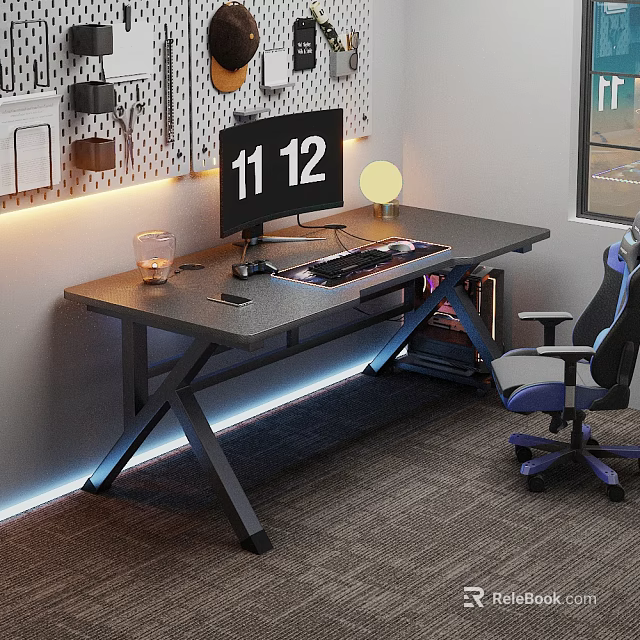 Modern Gaming Desk With Computer Monitor Keyboard Mouse Table Lamp And LED Strip Lights 3d model 