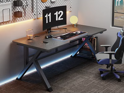 Modern Gaming Desk With Computer Monitor Keyboard Mouse Table Lamp And LED Strip Lights 3d model