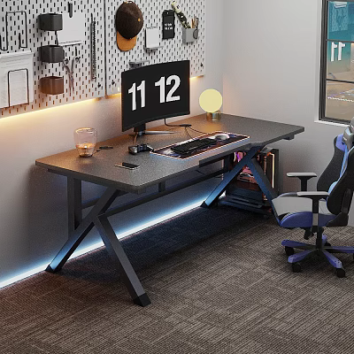Modern Gaming Desk With Computer Monitor Keyboard Mouse Table Lamp And LED Strip Lights 3d model