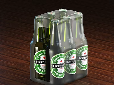 Heineken Beer Bottles In Transparent Plastic Packaging On Wooden Table Surface 3d model
