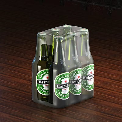 Heineken Beer Bottles In Transparent Plastic Packaging On Wooden Table Surface 3d model
