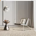 Elegant Leisure Chair With Gray Striped Wall Moon Shaped Pendant Light Side Table Decorative Items And Soft Rug