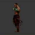 Muscular Man With Tattoos Wearing Green Gloves And Brown Traditional Outfit In Fighting Stance