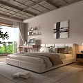 Cozy Boutique Homestay Guest Room Interior With Wooden Ceiling Large Bed And Greenery View