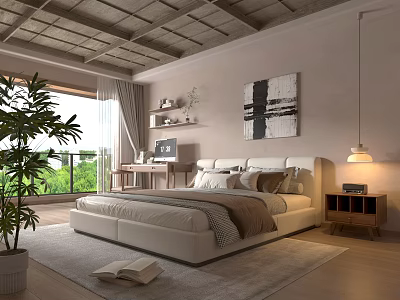 Cozy Boutique Homestay Guest Room Interior With Wooden Ceiling Large Bed And Greenery View 3d model
