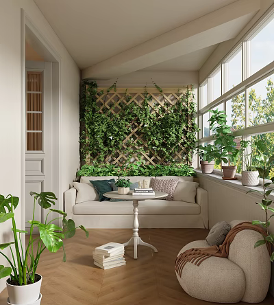 Cozy Home Balcony With Green Plant Wall Trellis Sofa Pillows Potted Plants And Natural Light 3d model