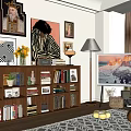 Modern Bookcase Middle Ancient Solid Wood Floor Bookcase Decorative Hanging Painting Ornaments Combination Floor TV Floor Lamp 3d model