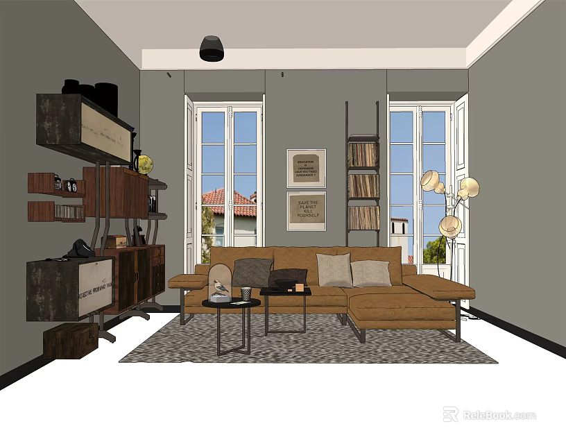 Sectional Sofa in Modern Living Room with Coffee Table Decorative Paintings and Large Windows 3d model 