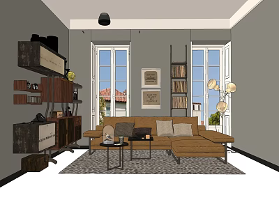 Sectional Sofa in Modern Living Room with Coffee Table Decorative Paintings and Large Windows 3d model