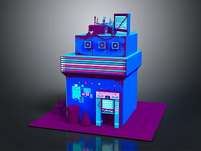 Cartoon Style Blue And Purple Multi Level Building Scene With Windows Signage And Platform 3d model