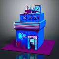 Cartoon Style Blue And Purple Multi Level Building Scene With Windows Signage And Platform