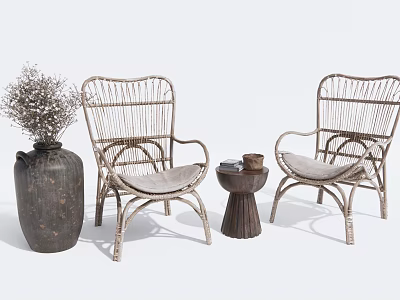Rattan Table and Chair Set with Armrests Small Round Table Ceramic Vase and Dried Flowers 3d model