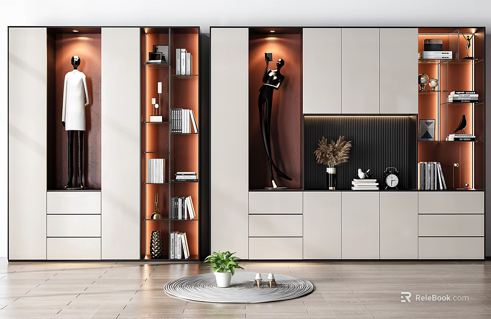 Modern Decorative Cabinet With Open Shelves Closed Cabinets Books And Decorative Sculptures 3d model 