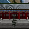 Traditional Chinese Ancient Architecture With Red Pillars Green Roof Carved Eaves And Stone Incense Burner