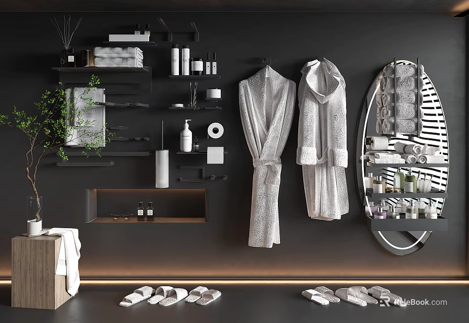 Modern Bathroom Accessories Setup With Shelves Towels Toiletries Bathrobes Slippers And Mirror 3d model 
