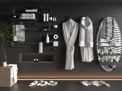 Modern Bathroom Accessories Setup With Shelves Towels Toiletries Bathrobes Slippers And Mirror 3d model