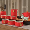 Red Ceramic Tea Set With Teacups Teapot Bamboo Tray Storage Jar And Teaspoons
