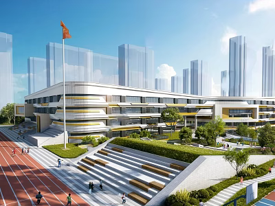 Modern School Building Featuring Red Track Flag Stepped Seating Greenery Against Tall Buildings 3d model