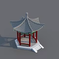 Ancient Chinese Pavilion Featuring Red Pillars Green Decorations Gray Tiles Against Blue Sky White Clouds